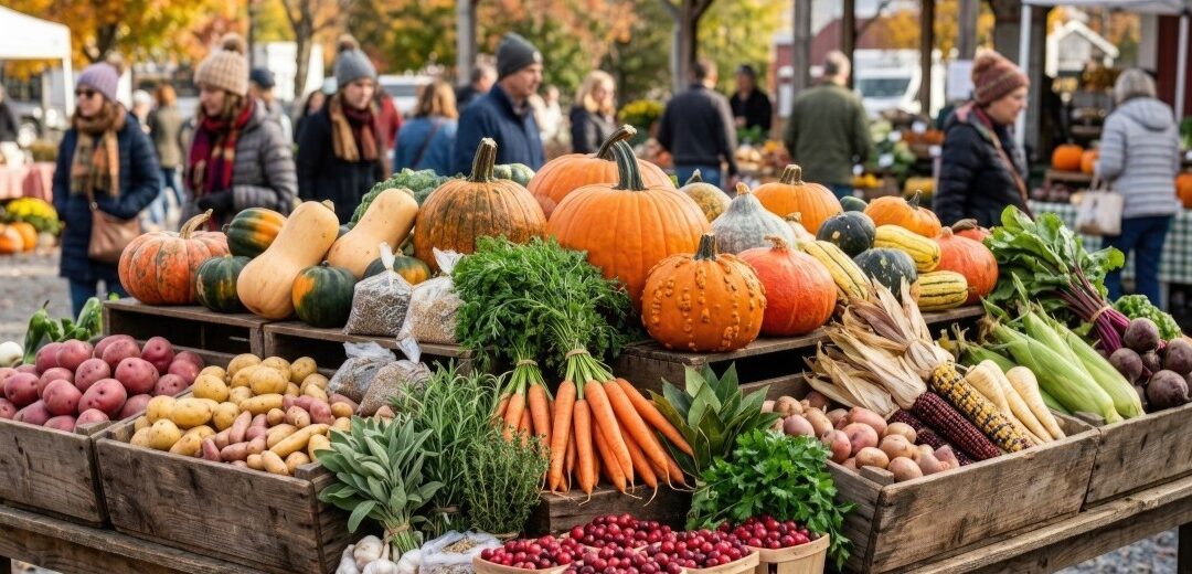 Table of assorted Thanksgiving produce